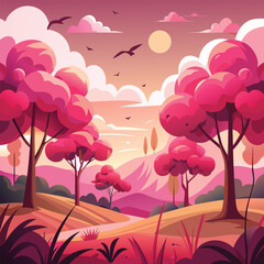 a cartoon landscape with pink trees and birds.