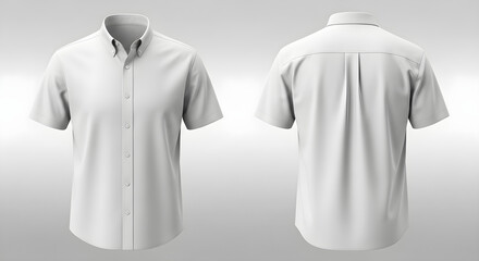 Front and back view of a plain white short-sleeved button-down shirt,  ideal for mockup or design purposes.