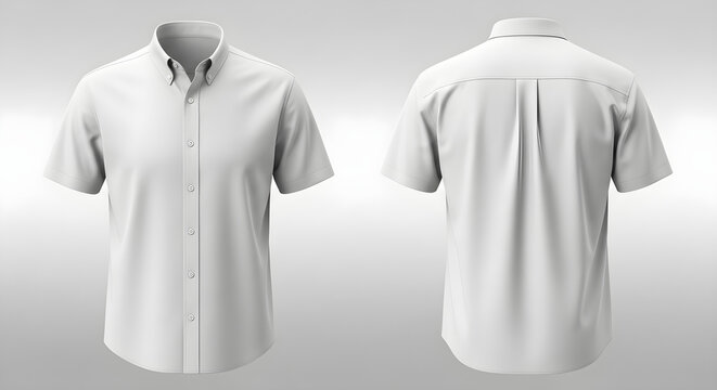 Front and back view of a plain white short-sleeved button-down shirt,  ideal for mockup or design purposes.