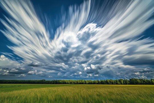 Fast moving cumulus clouds create dynamic patterns over a verdant landscape in a serene atmosphere, Timelapse of cumulus clouds moving fast across the summer sky