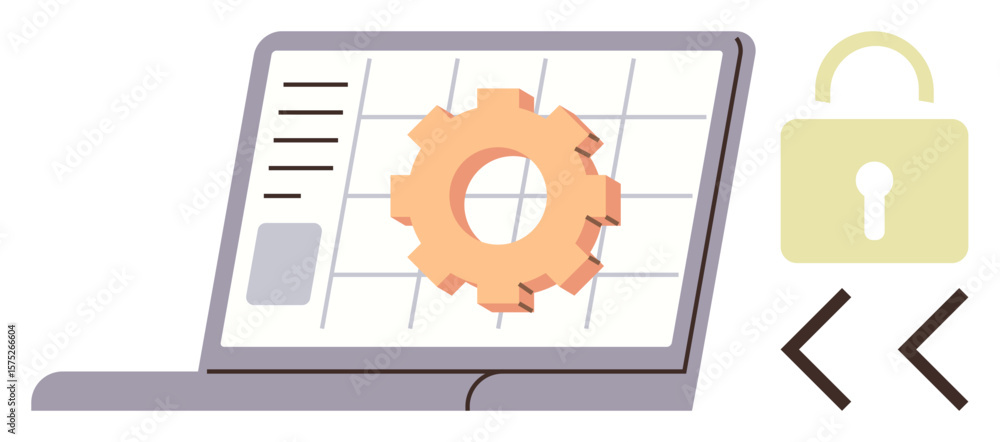 Poster gear on a laptop screen next to a lock and code symbols. ideal for technology, cybersecurity, coding