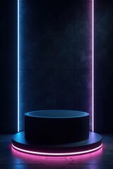 Dark Studio Product Display Platform Neon Blue Pink Lights
