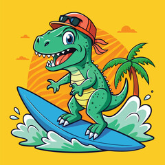 a cartoon dinosaur wearing a cap riding a surfboard.