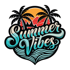 summer vibes logo design with palm trees and sunset.