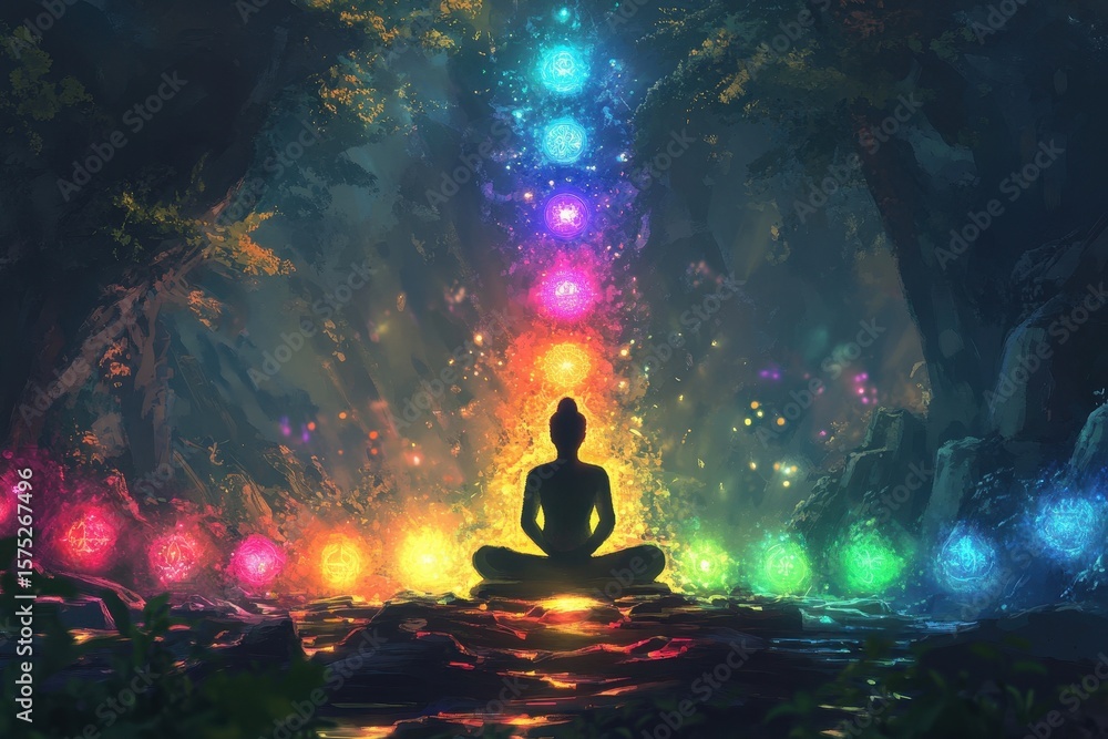 Poster exploring the seven chakras of life through vibrant animated visualization in a tranquil forest sett