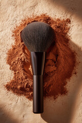 Cosmetic Powder and Brush in Warm Light Creating a Textured Aesthetic Composition