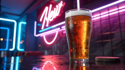 A cold beer sits on a bar top with neon lights in background