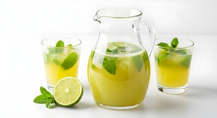 Refreshing Mint and Lime Drink in a Pitcher and Glasses
Freshly Made Mojito or Lemonade with Mint Leaves and Lime Slices
Cooling Summer Beverage with Green Mint and Citrus