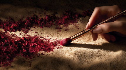 Crimson Pigment with Brush and Hand, on Beige Surface, Artistic Still Life