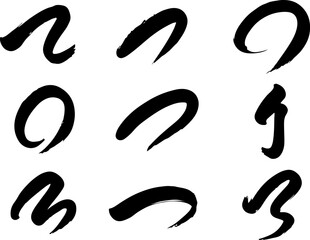 Collection of nine abstract black brush stroke shapes and calligraphic elements on a white background