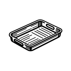 Minimalistic black and white line art illustration of a medical tray  