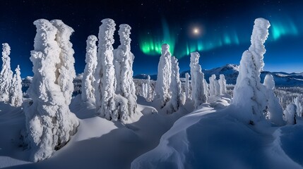 Magical Winter Night Aurora Borealis Snow Covered Trees Landscape