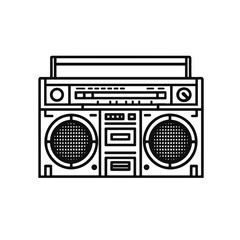 Minimalistic black and white line art illustration of a boombox  