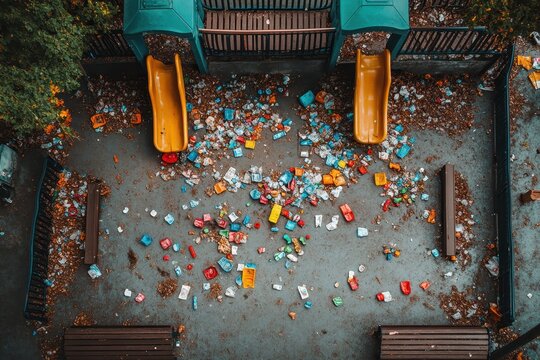 Colorful Playground Overrun with Litter and Garbage Debris