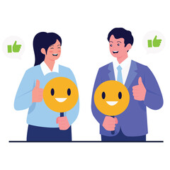 Employee Satisfaction Illustration. Vector illustration of A man and woman giving a thumbs-up while holding smiling face icons to show positive feedback. Isolated on background