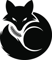 Black fox curled with pine branch white