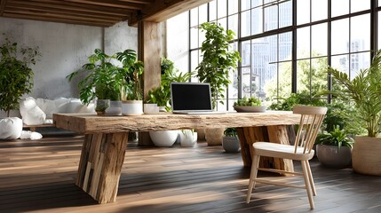 A serene and modern workspace featuring a rustic wooden table and a minimalist chair, surrounded by lush greenery.