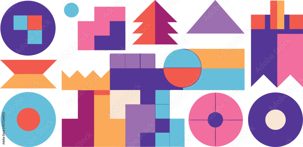 Poster vector art of a vibrant collection of colorful geometric shapes and abstract patterns.