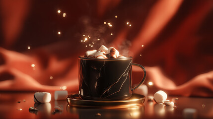 Elegant Hot Chocolate with Marshmallows and Golden Accents on a Rich Red Backdrop