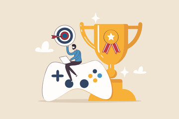 Gamification, marketing strategy for customer to achieve target and win the prize, reward or challenge to keep customer engagement concept, man with computer laptop on game joystick with trophy award.