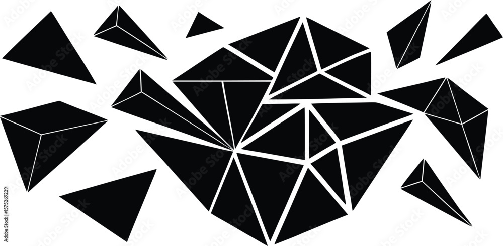 Poster vector art of a collection of black geometric pyramids and triangular shapes scattered across a whit