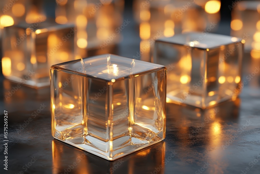 Poster glowing reflective cubes illuminate space with warm light in seamless render, reflective and glowing