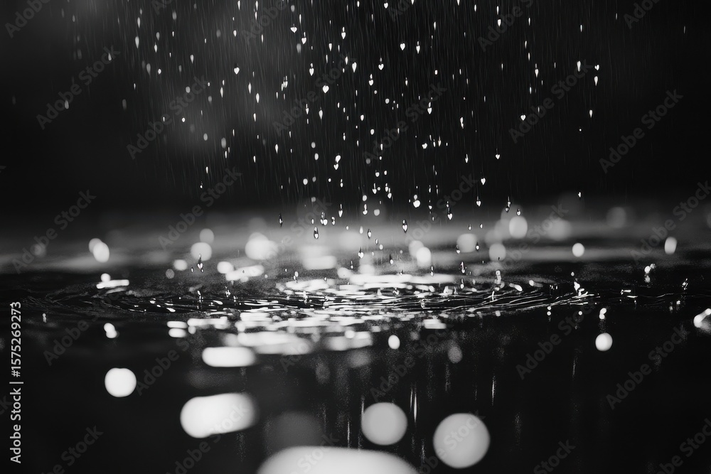 Poster computer generated rain drops falling and creating ripples in a dark setting with light reflections,