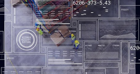 Walking across floor, three workers entering view activating data overlay monitoring rack weight - Powered by Adobe
