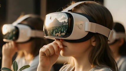 A young woman immersed in virtual reality, exploring a vibrant digital world with flowers, bright lights, and a futuristic VR headset experience. - Powered by Adobe