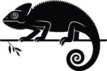 Black chameleon perched on branch with leaves reptile