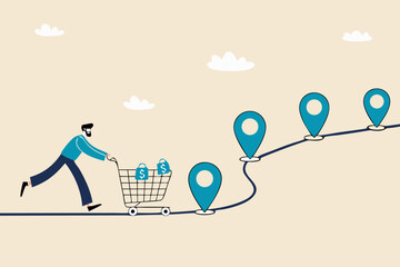 Customer journey, process or milestone for customer to experience until purchase product, marketing strategy analysis, advertising concept, man with trolley shopping cart on customer journey map.