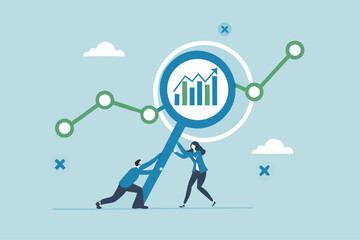 Data analysis, optimization or marketing analytics for statistics improvement, growth or KPI measurement result, chart or diagram concept, business people hold magnifying glass analyzing data chart.