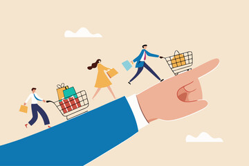 Affiliate marketing, promotion or customer invitation to buy product, loyalty reward program, advertising or marketing communication strategy, pointing hand with customer buy products shopping cart.