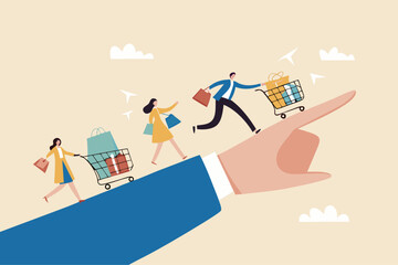 Affiliate marketing, promotion or customer invitation to buy product, loyalty reward program, advertising or marketing communication strategy, pointing hand with customer buy products shopping cart.