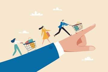 Affiliate marketing, promotion or customer invitation to buy product, loyalty reward program, advertising or marketing communication strategy, pointing hand with customer buy products shopping cart.