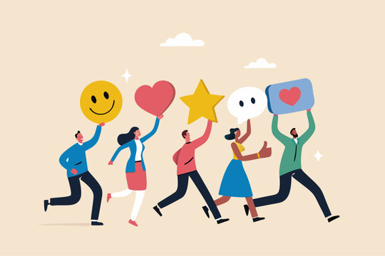 Social media customer feedback review, employee satisfaction, positive feedback on online ranking, giving high score rating, like or happy opinion concept, people carry social feedback elements.