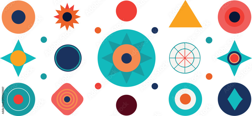 Poster vector art of a vibrant collection of geometric shapes and patterns in various colors.