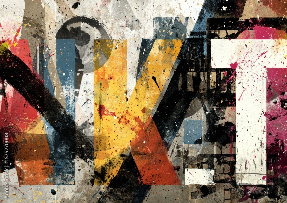 Poster abstract art piece displaying layered textures and vibrant color splashes with graphic elements
