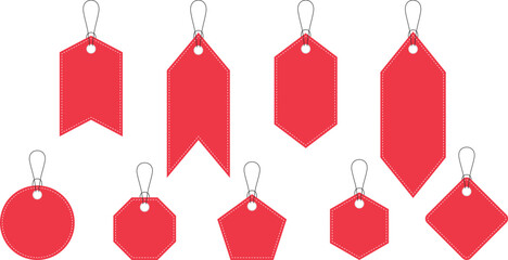 Flat red hanging sale tag set in geometric shapes with white stitching and string – vector template for price labels and product tags