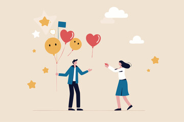 Customer feedback, review or service satisfaction, giving rating, opinion or review evaluation, user experience, ranking or quality rating concept, customer holding feedback balloons giving heart.