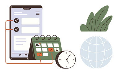 Mobile phone with task checklist, desk calendar marked with events, clock, globe, and plant. Ideal for planning, organization, productivity, scheduling workflow global connection eco-friendly