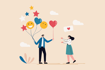 Customer feedback, review or service satisfaction, giving rating, opinion or review evaluation, user experience, ranking or quality rating concept, customer holding feedback balloons giving heart.