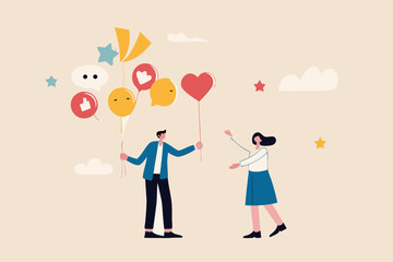 Customer feedback, review or service satisfaction, giving rating, opinion or review evaluation, user experience, ranking or quality rating concept, customer holding feedback balloons giving heart.