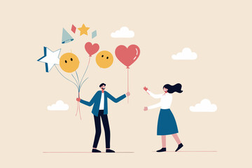 Customer feedback, review or service satisfaction, giving rating, opinion or review evaluation, user experience, ranking or quality rating concept, customer holding feedback balloons giving heart.