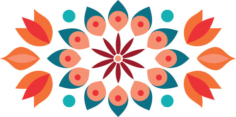 Vector art of a colorful and symmetrical floral mandala pattern with vibrant orange, teal, and red elements.