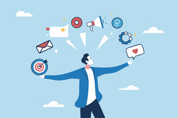 Marketing manager, online advertising, social media content or promotion campaign, customer or consumer target audience, branding communication concept, businessman holding viral marketing elements.