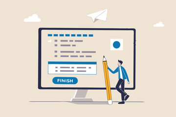 Online questionnaire survey, customer feedback choice or checklist, internet exam, opinion or comment, answer question, surveyor poll concept, man with pencil finish online questionnaire on computer.