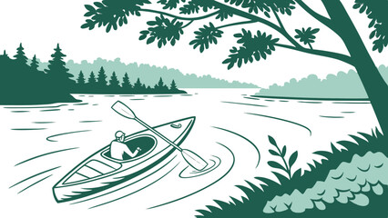 Illustration of a person kayaking on a lake surrounded by trees and foliage in a monochrome color scheme