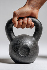 Fototapeta premium Close-up of hand holding heavy black kettlebell on gray background. Concept of fitness, strength training, gym workout and physical exercise