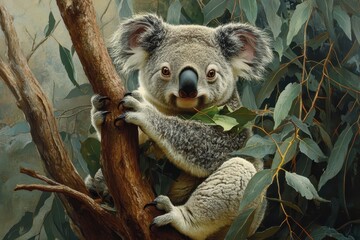 Obraz premium Koala bears foraging on eucalyptus leaves in the Australian wilderness during daylight hours, Australia wildlife Koala bears eating tree leaves